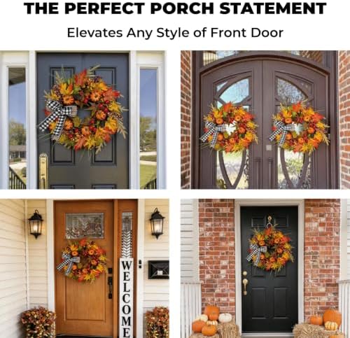 24" Fall Maple Leaf Wreath for Front Door with Buffalo Check Bow - Rusti...