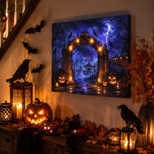 Artiluxy Halloween LED Canvas Wall Art, Haunted Amusement Park, 20x15 Inch