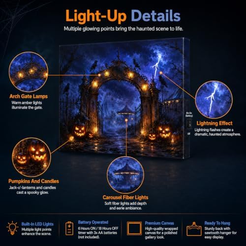 Artiluxy Halloween LED Canvas Wall Art, Haunted Amusement Park, 20x15 Inch