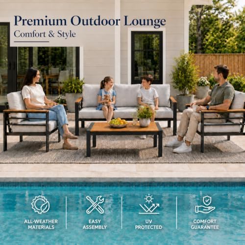 Aluminum Outdoor Patio Furniture, 5 Piece 7-Seat Conversation Set with 2 Chai...