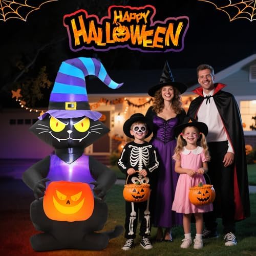 6FT Halloween Inflatable Black Cat, Lighted Yard Decoration with Witch Hat