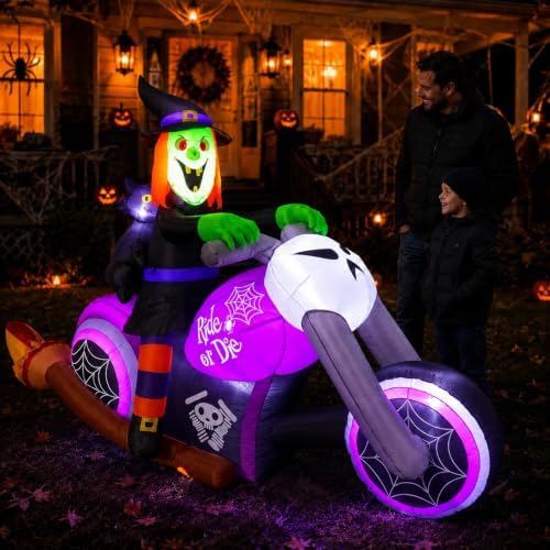 7FT Gaint Halloween Inflatables Witch on Motorcycle with Black Cat,Blow Up Ou...