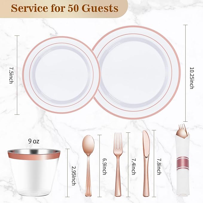 BESTVIP 350PCS Rose Gold Plastic Dinnerware Set, Disposable Party Plates for ...