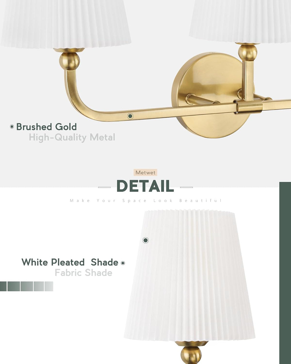 3-Light Brushed Gold Bathroom Vanity Light, Pleated Fabric Shade