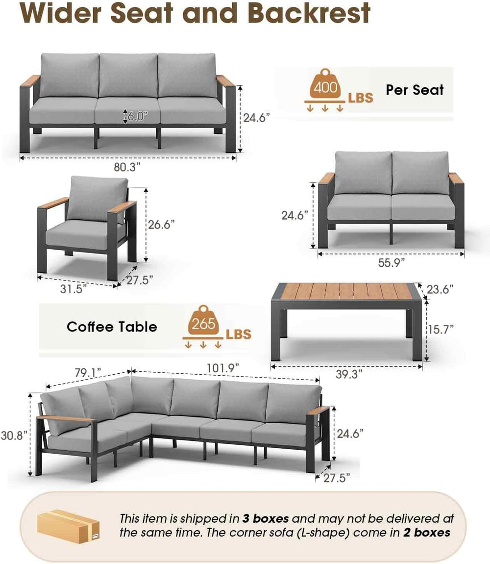 Aluminum Outdoor Patio Furniture Set 6 Seats, Outdoor Sectional Corner Sofa w...