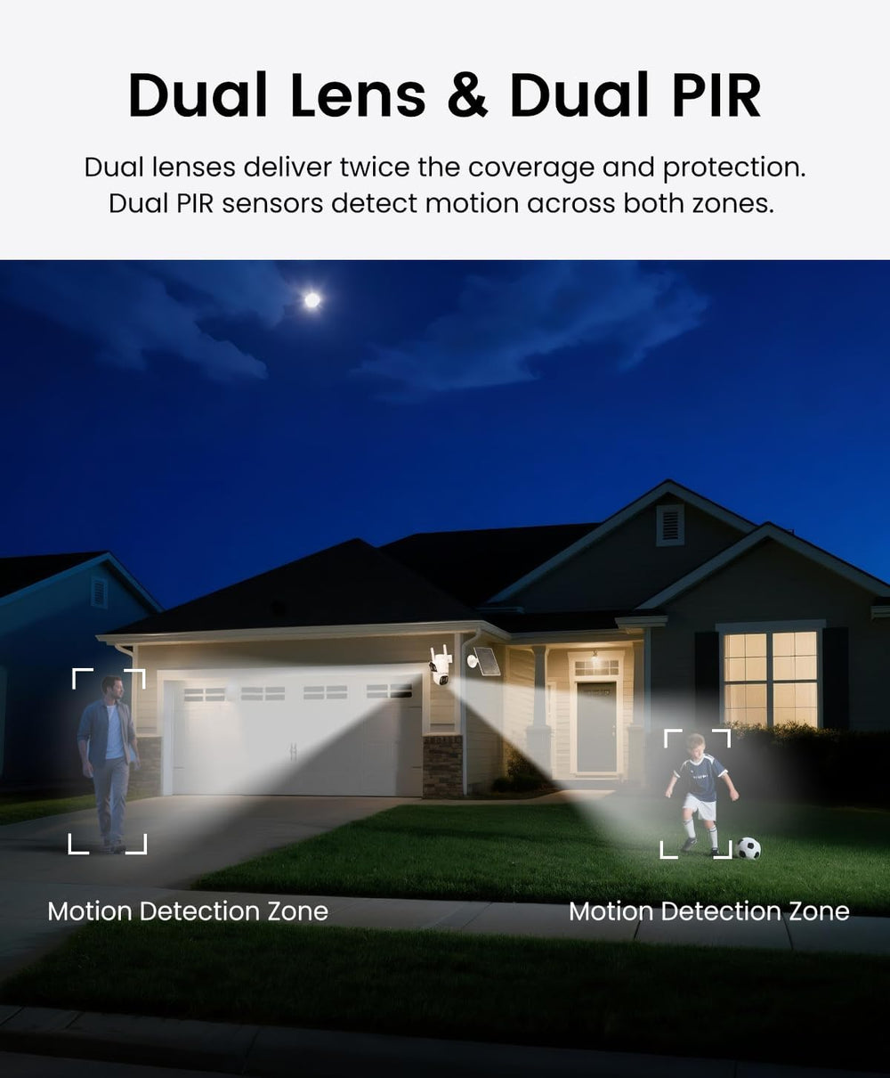 CasaCam Solar Security Camera, Dual Lens, Battery Powered, 2.4/5GHz WiFi