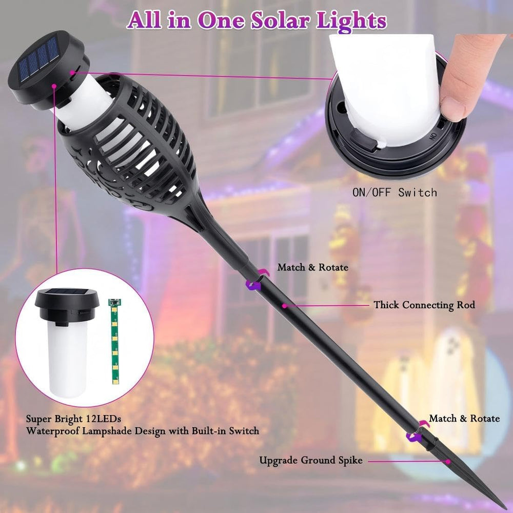 12P Purple Flame Solar Halloween Lights for Halloween Decorations Outdoor
