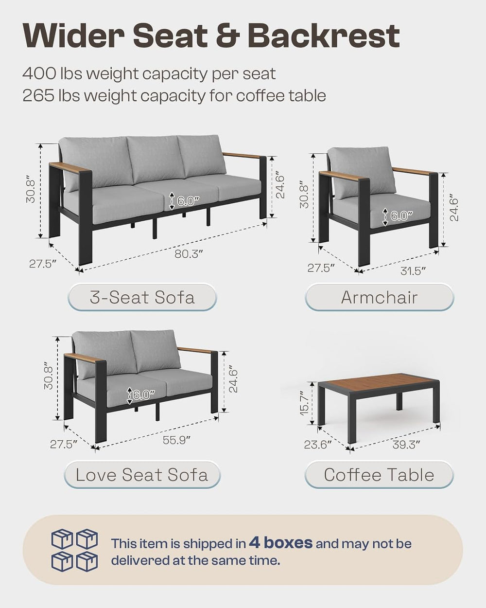 Aluminum Outdoor Patio Furniture Set with Coffee Table, 5 Piece Patio Convers...