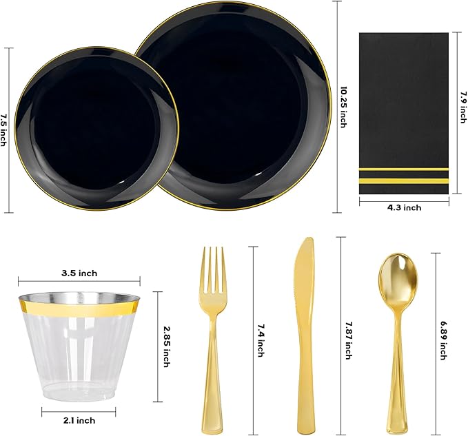 NOCCUR 350PCS Black and Gold Plastic Plates - Black Disposable Dinnerware Set...