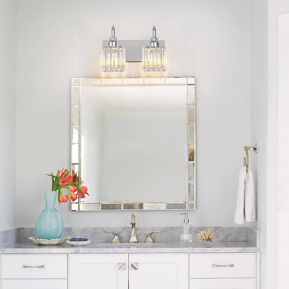 Modern Bathroom Vanity Light 2-Light Chrome Crystal Light Fixtures Over Mirro...