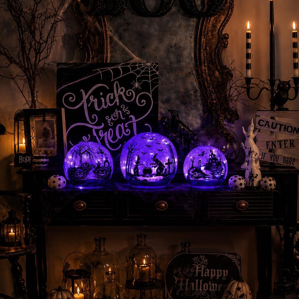 NEEDOMO Halloween Decorations Indoor, 3 Pack Witch Crackle Glass Globe Purple...