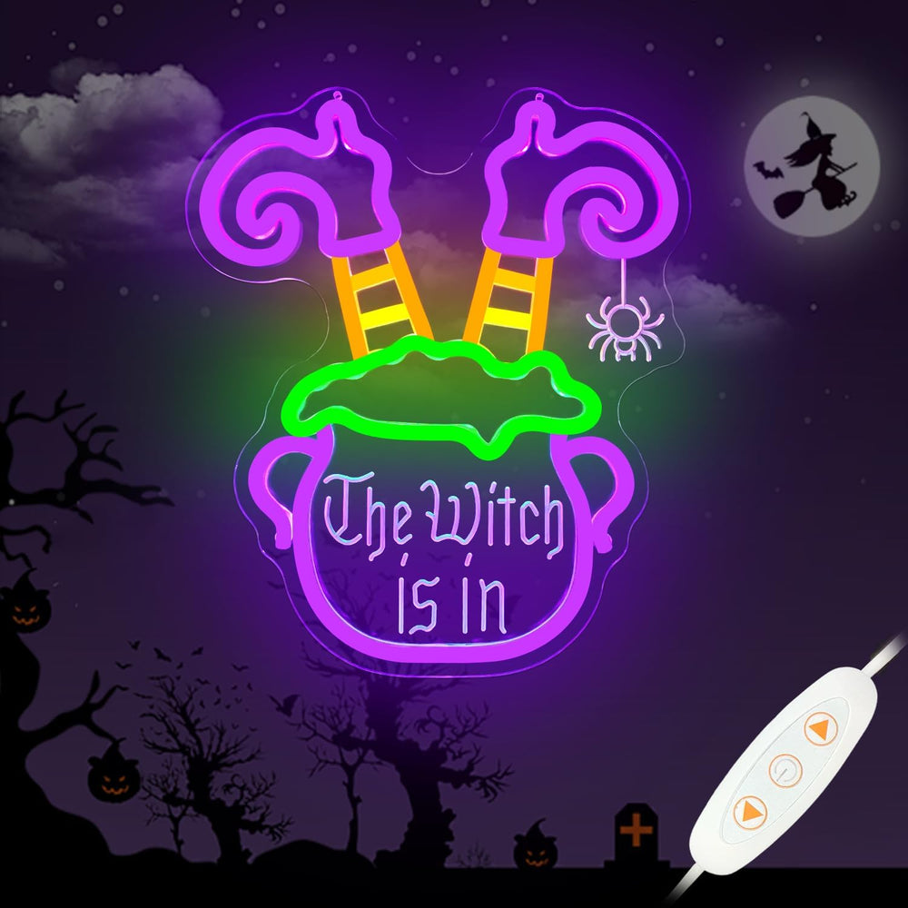 Halloween Neon Sign Dimmable Witch Legs In Cauldron LED Sign The Witch Is In ...