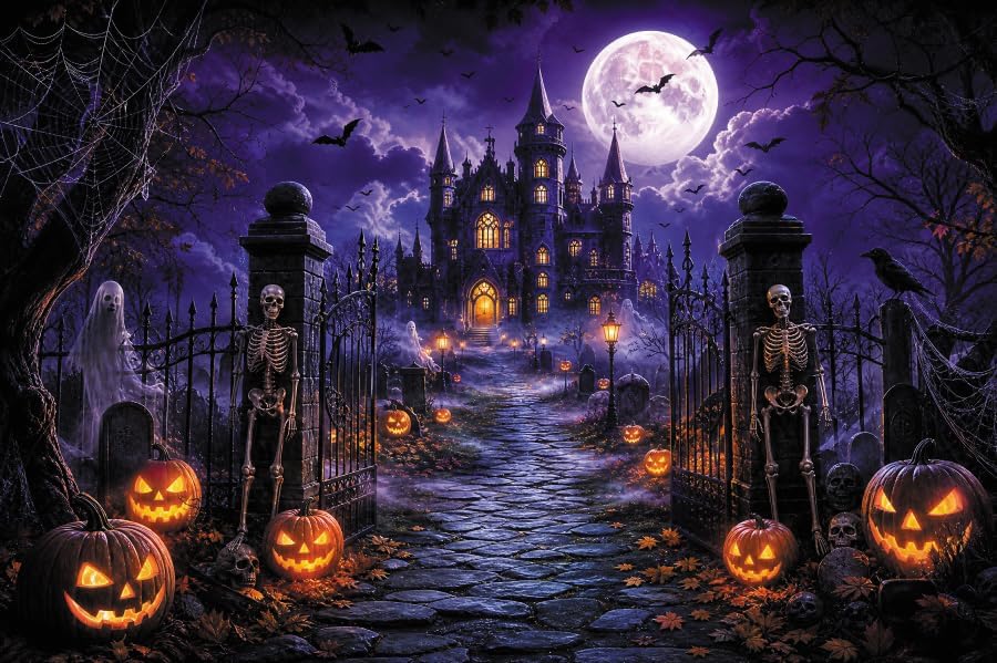 Halloween Backdrop 10x8ft Spooky Castle Moon Night Backdrop for Photography