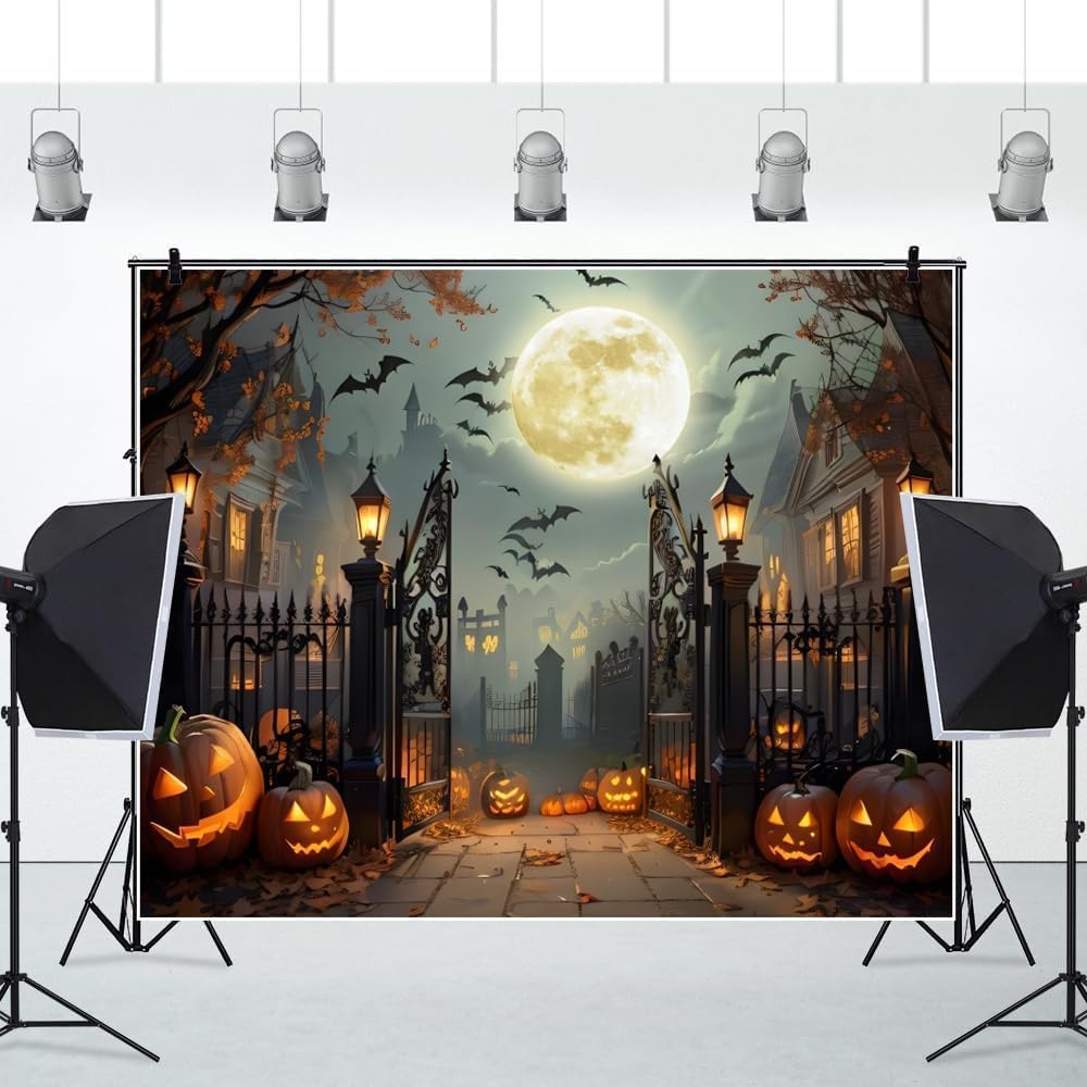 Halloween Backdrop 10x10ft Scary Full Moon Night Pumpkin Ghost Castle Hallowe...