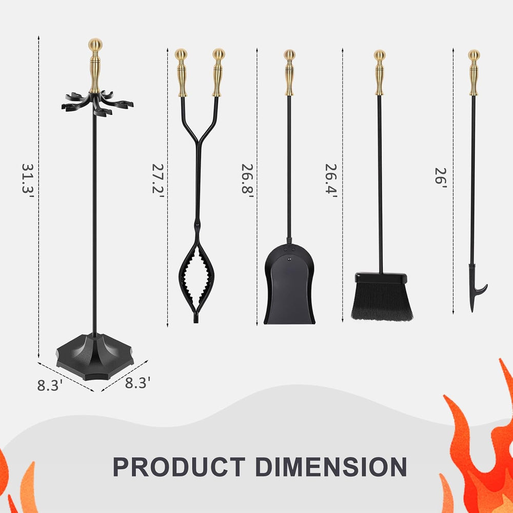 5 Pieces 31in Wrought Iron Fireplace Tools Set w/Serrated Tong