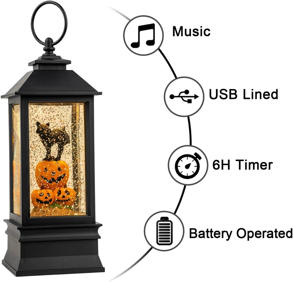 Halloween Snow Globe Lantern Water Glittering Spooky Witch' s Black Cat i...