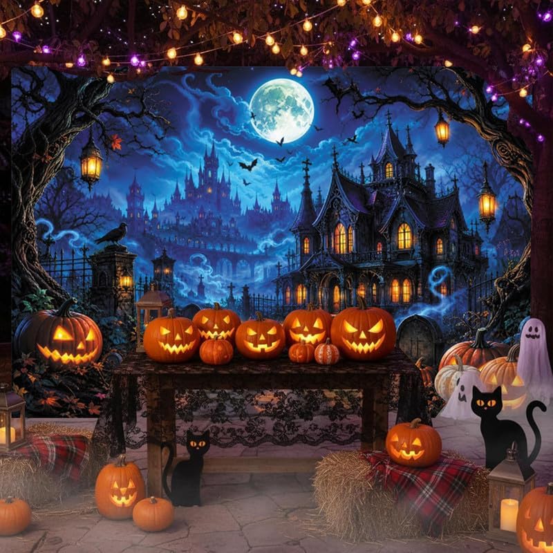 Halloween Scary Castle Backdrop 10x8ft Full Moon Haunted House Spooky Cemeter...