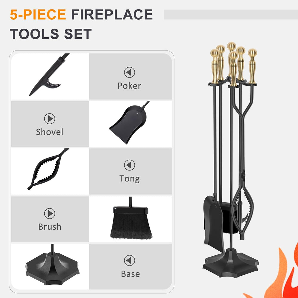 5 Pieces 31in Wrought Iron Fireplace Tools Set w/Serrated Tong