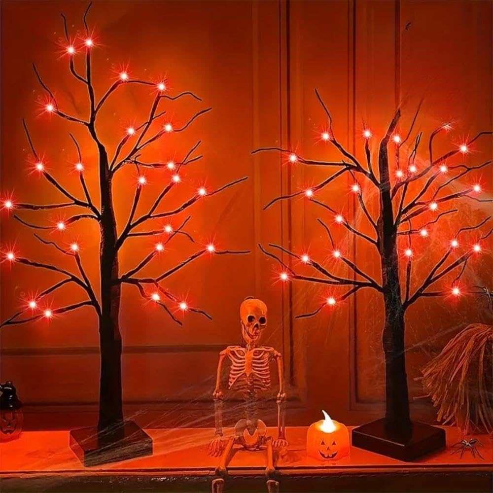 2 Pack 24 Inch Halloween Decorations Black Halloween Tree 48 led Orange Light...