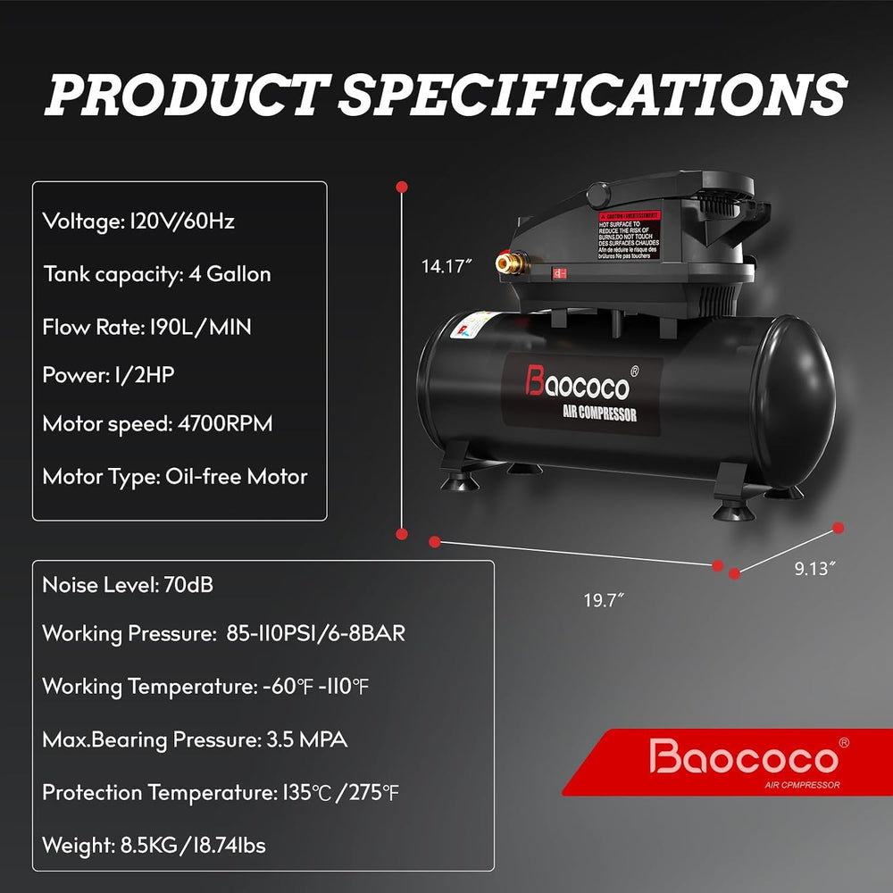 4 Gallon Portable Air compressor, 0.5HP Motor Oil Free Air Compressor Tank