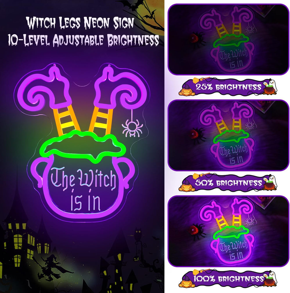 Halloween Neon Sign Dimmable Witch Legs In Cauldron LED Sign The Witch Is In ...