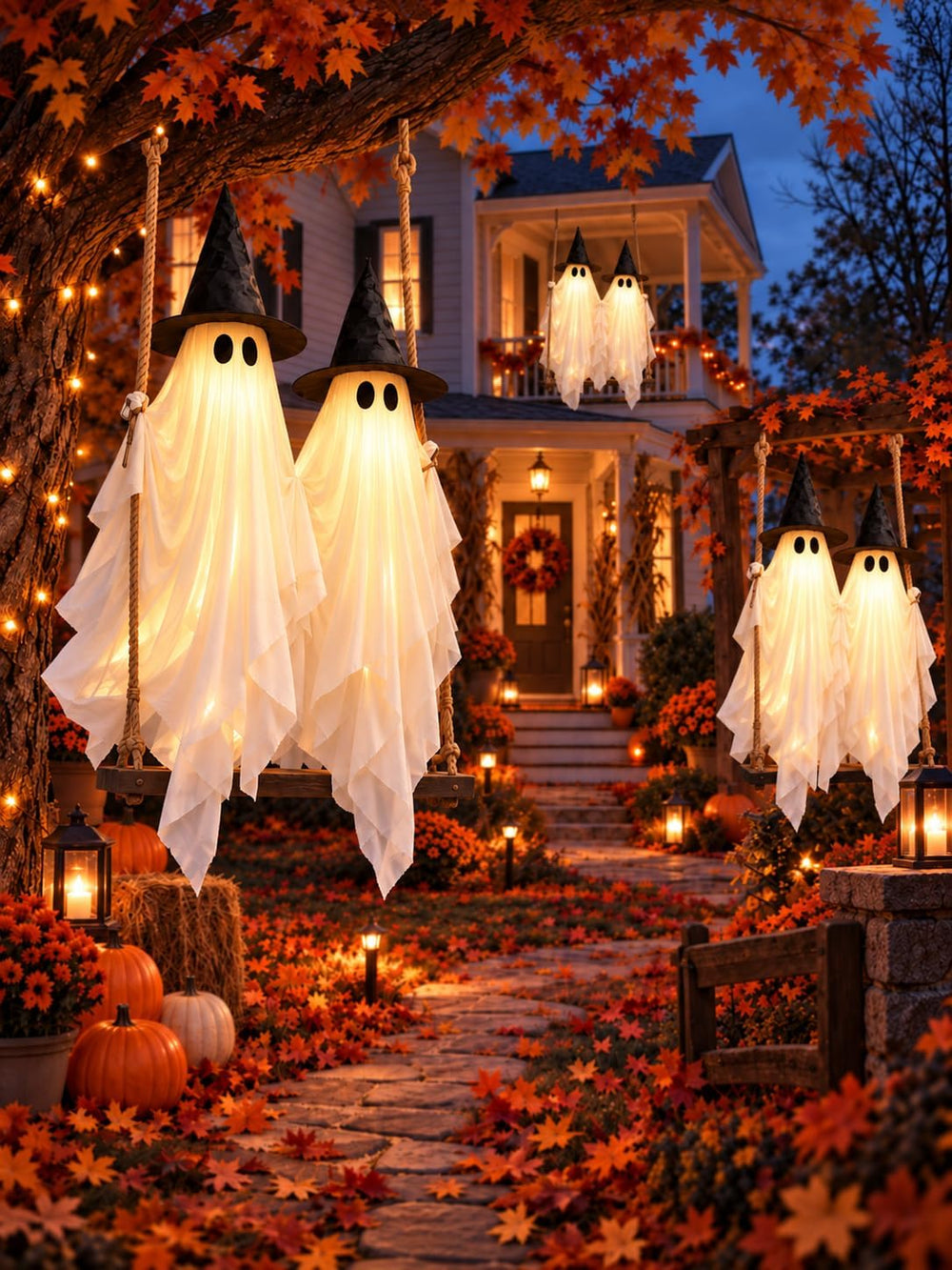Evoio Halloween Swinging Ghost Outdoor Decor, Two 5FT Ghosts on a Swing, Ligh...