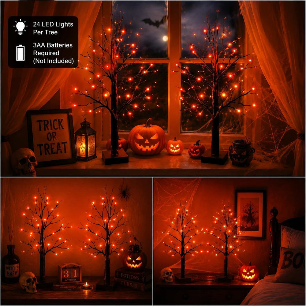 2 Pack 24 Inch Halloween Decorations Black Halloween Tree 48 led Orange Light...