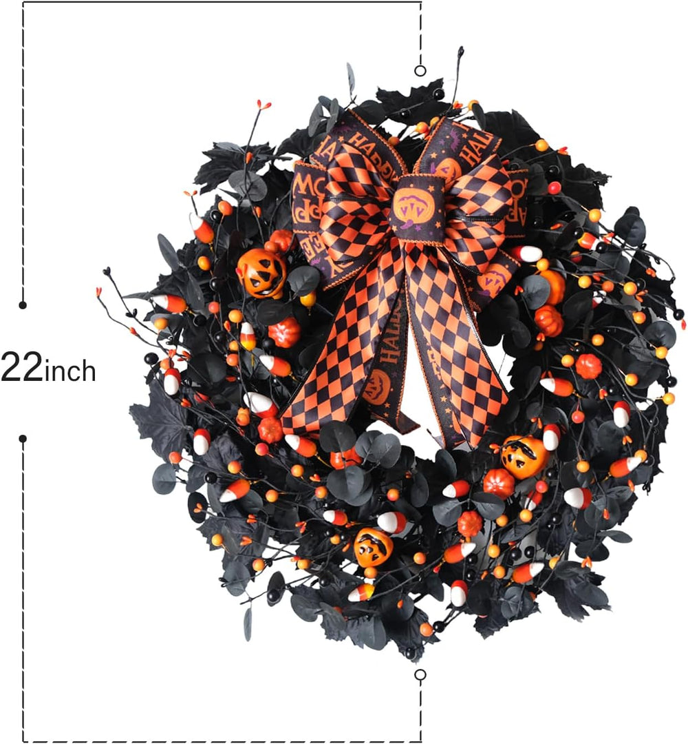 22inch Black Halloween Wreaths for Front Door Bow Decorative