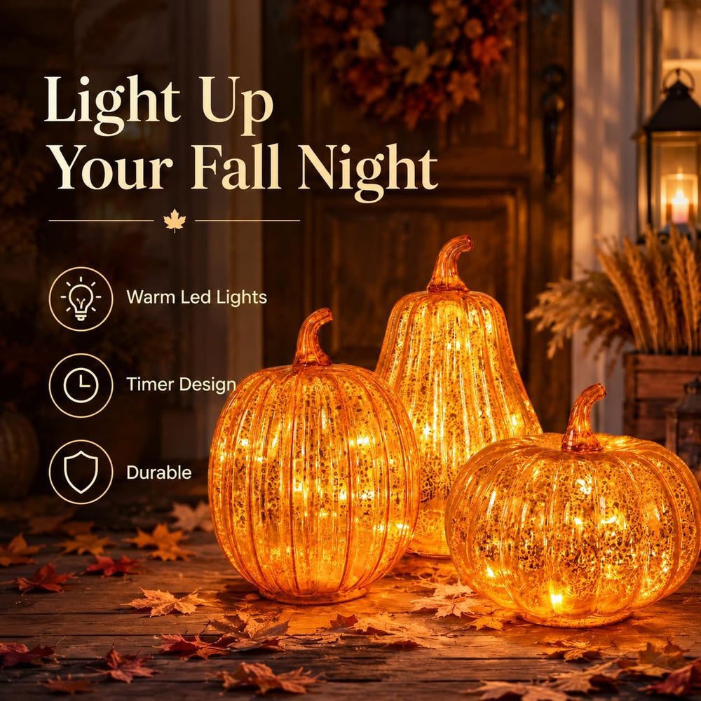 MUMTOP Mercury Glass Pumpkins Light 3PCS Halloween Fall Pumpkin Decor