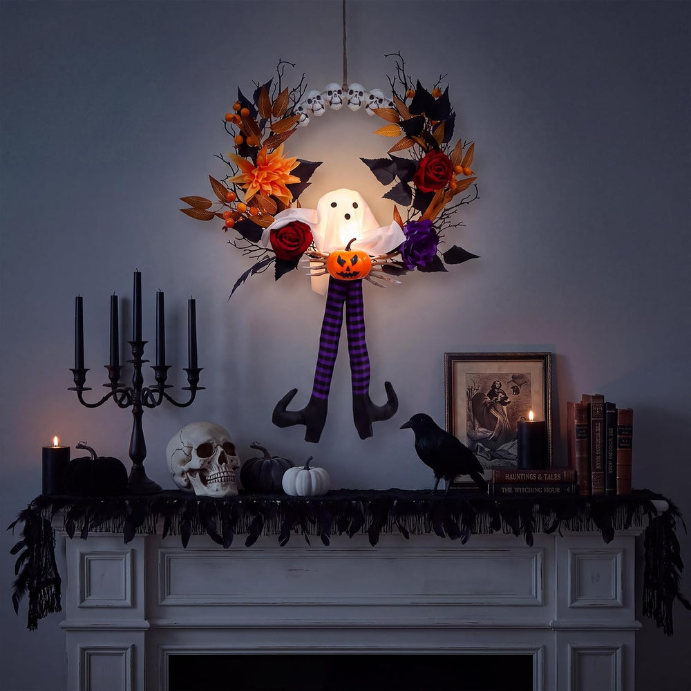 28Inch Length Halloween Wreath for Front Door, Gothic Lighted Fall Wreath