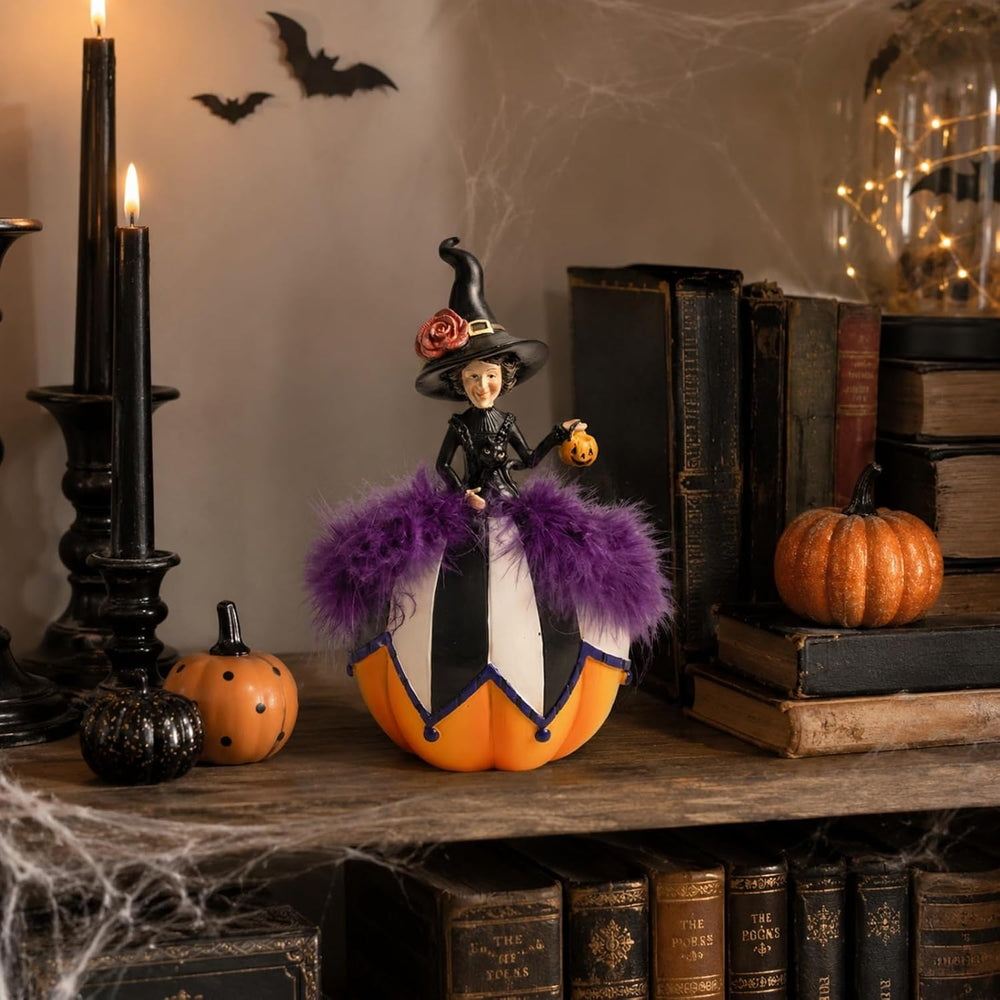 Halloween Witch Figurine, Black and White Pumpkin Table Home Decor