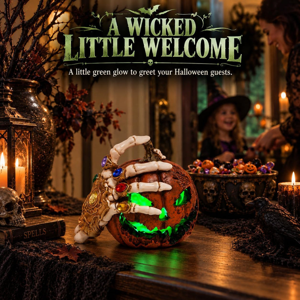 Halloween Jack O Lantern with Skeleton Hand, Green LED Pumpkin Light