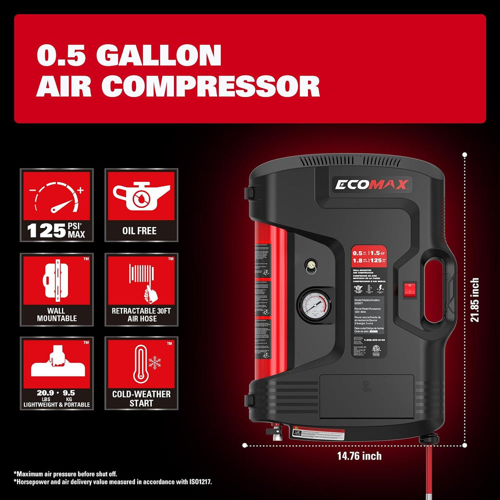 ECOMAX Wall Mount Air Compressor, Tire Inflator Portable Air Compressor, Oil-...