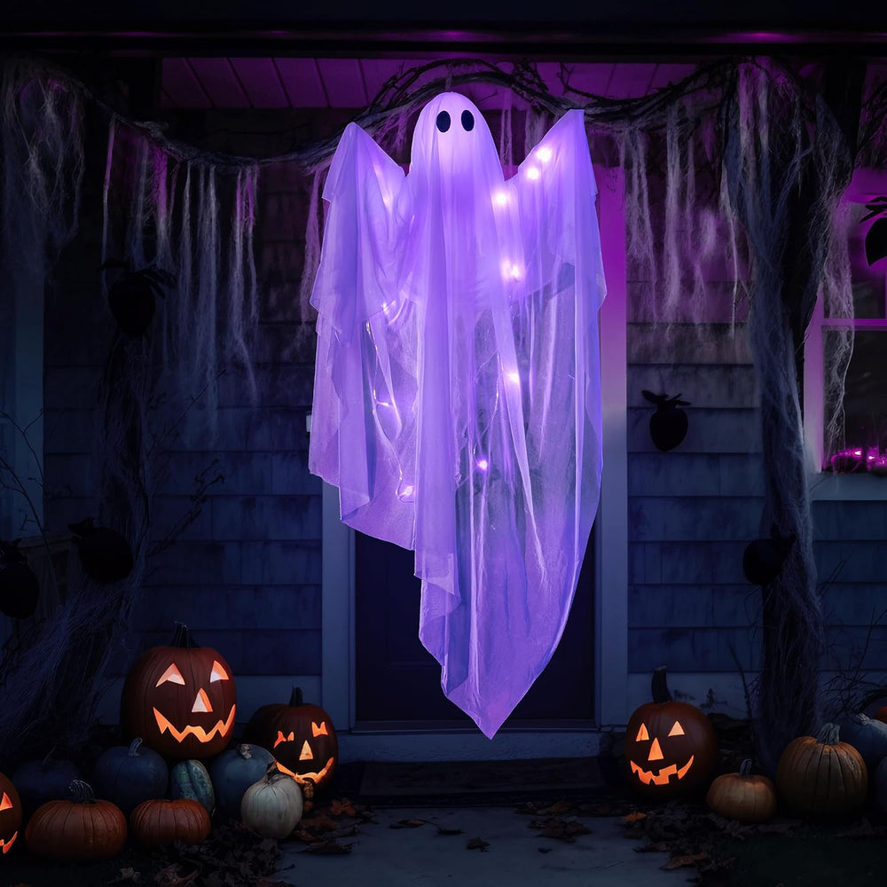 JOYIN Halloween Hanging Light up Ghost, 47" White Ghosts with Purple LED...