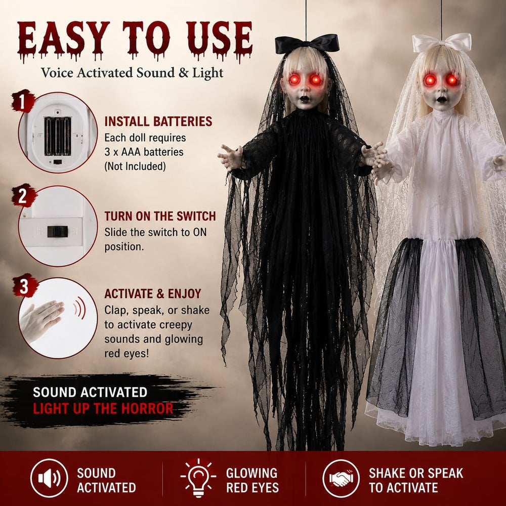 2 PCS Hanging Halloween Decorations Twin Sisters with LED Eyes & Sound