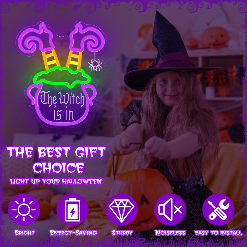 Halloween Neon Sign Dimmable Witch Legs In Cauldron LED Sign The Witch Is In ...