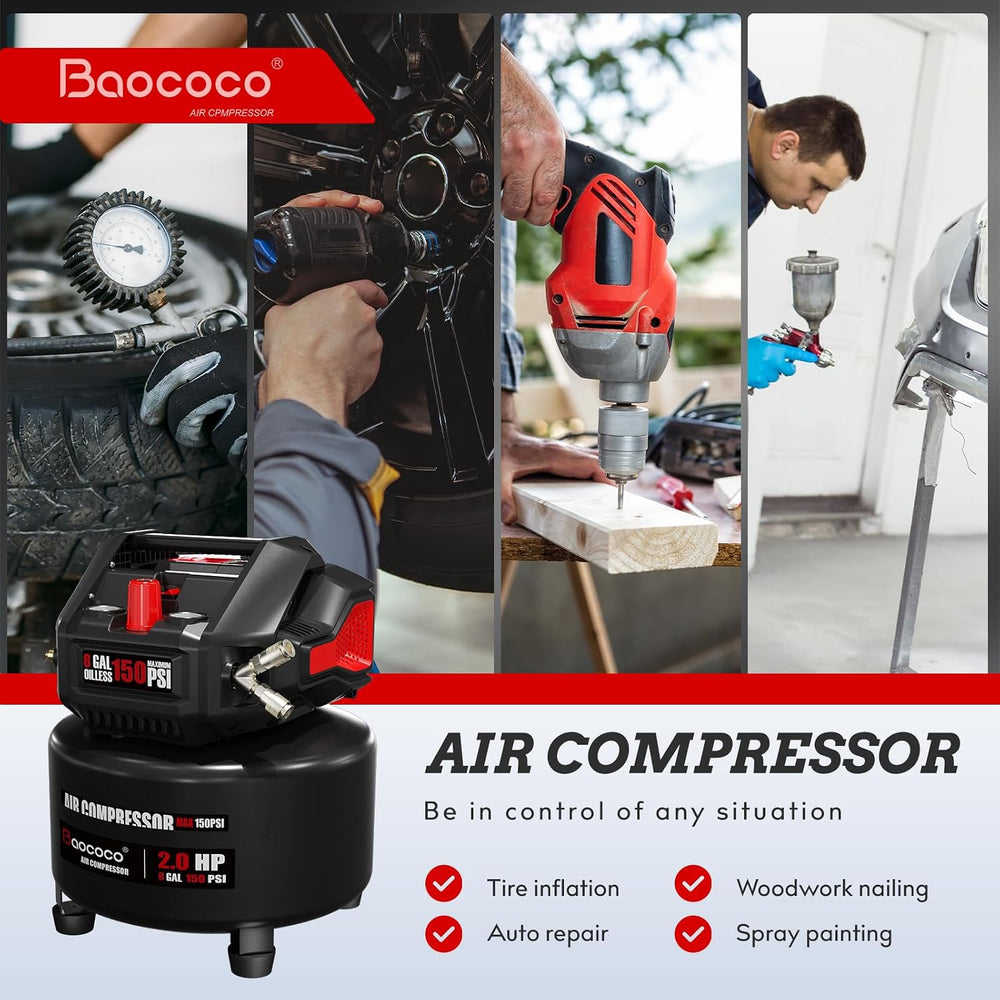 8 Gallon Portable Air compressor, 2HP Motor Oil Free Air Compressor Tank