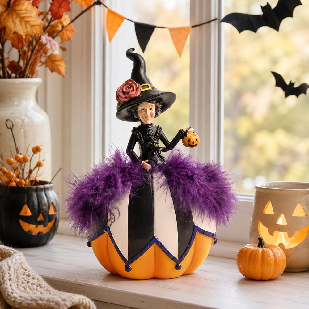 Halloween Witch Figurine, Black and White Pumpkin Table Home Decor