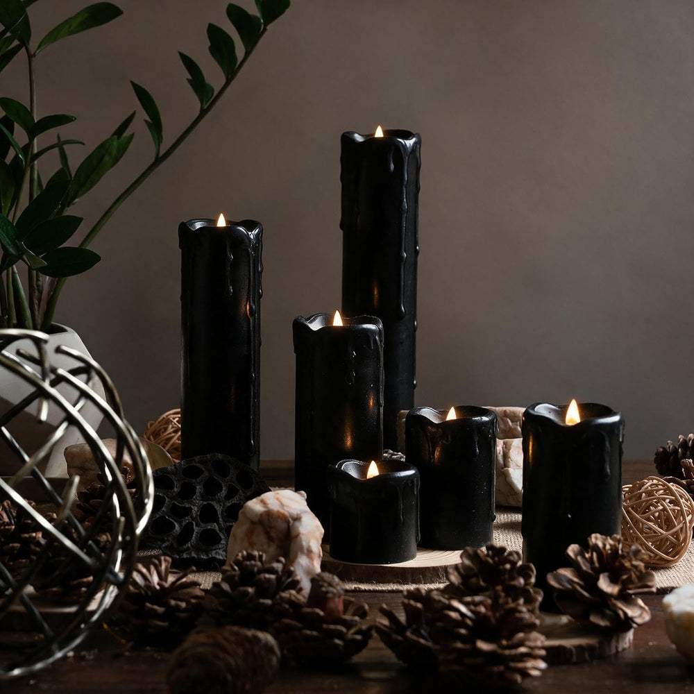 6 Pack LED Flickering Flameless Black Melting Drip Pillar Candles with Timer,...