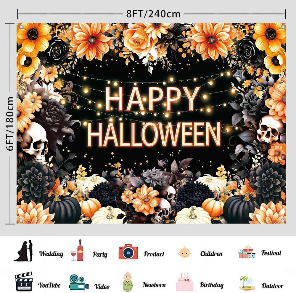 8x6ft Floral Happy Halloween Backdrop Spooky Flower Skull Photography Backgro...