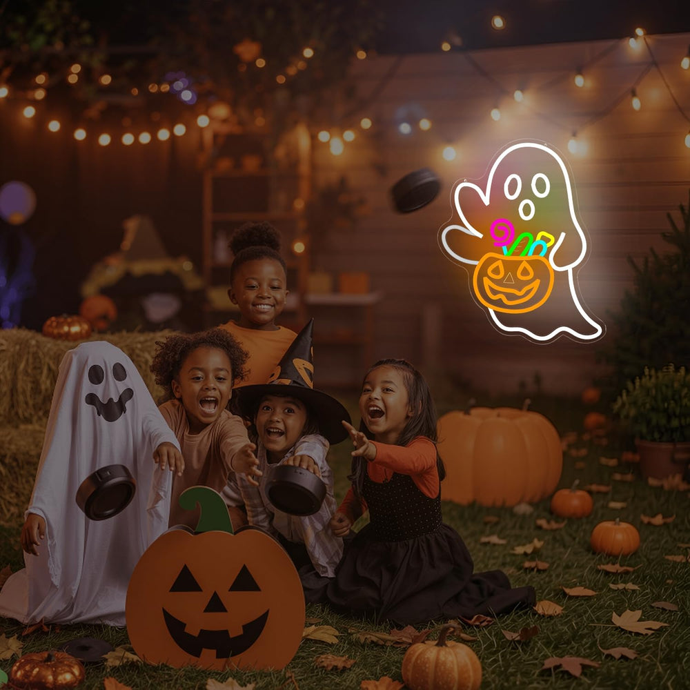 Waving Ghost Pumpkin Candy Basket Halloween Neon Sign Dimmable LED Decor