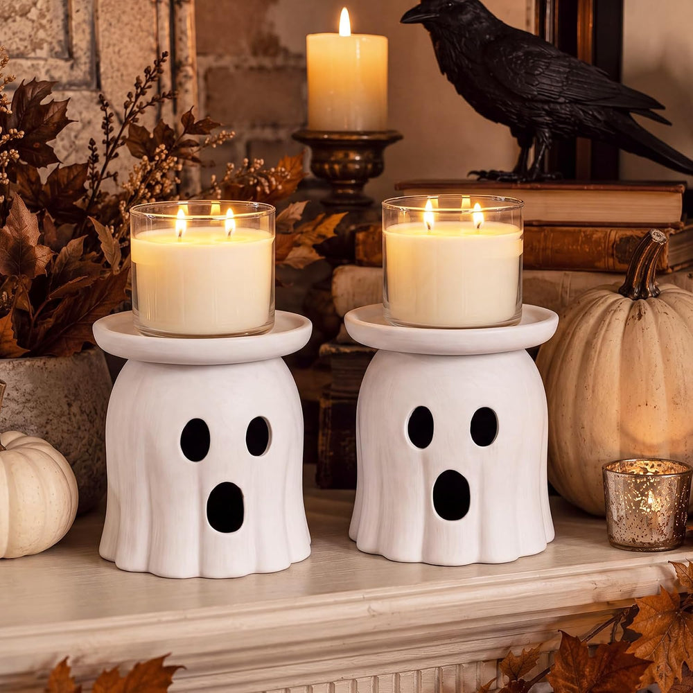 Tioncy 2 Pcs Halloween Terracotta Ghost Candle Holder Table Decor White