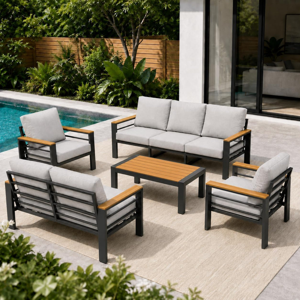 Aluminum Outdoor Patio Furniture, 5 Piece 7-Seat Conversation Set with 2 Chai...