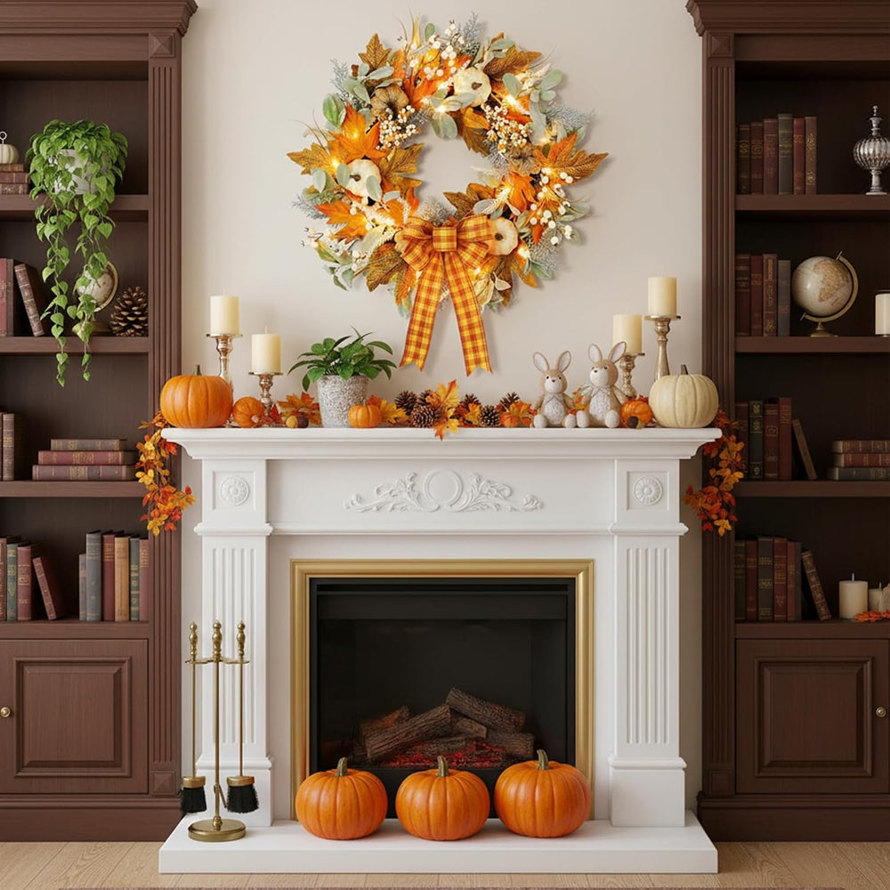 24IN Fall Wreath Prelit for Front Door, Halloween, Thanksgiving Decor
