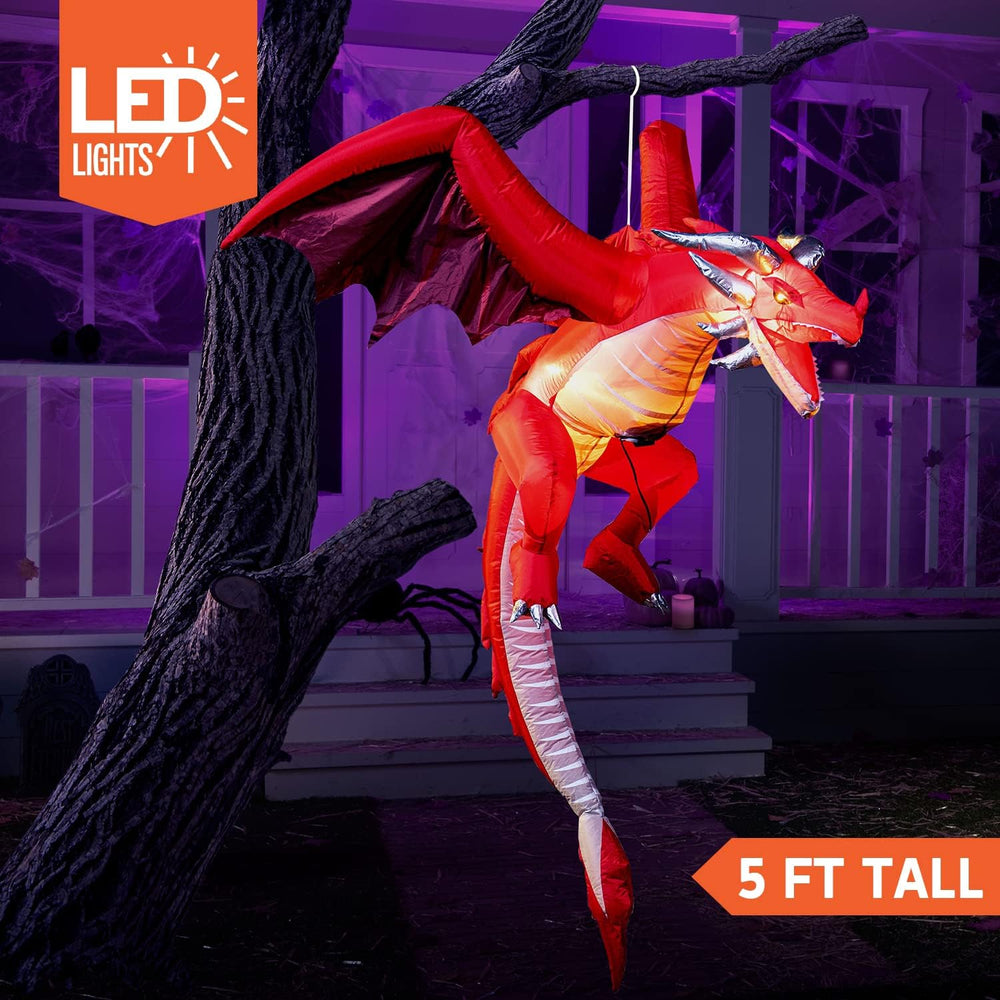 Joiedomi 5 FT Tall Halloween Inflatable Hanging Fire Dragon Decor with Build-...