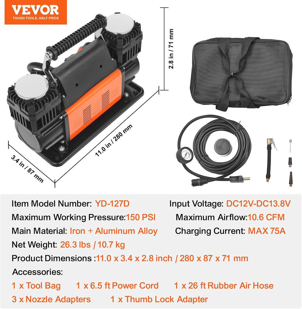 VEVOR 10.6 CFM Heavy Duty Air Compressor, 30s Fast Inflation | 1080W Dual-Cyl...