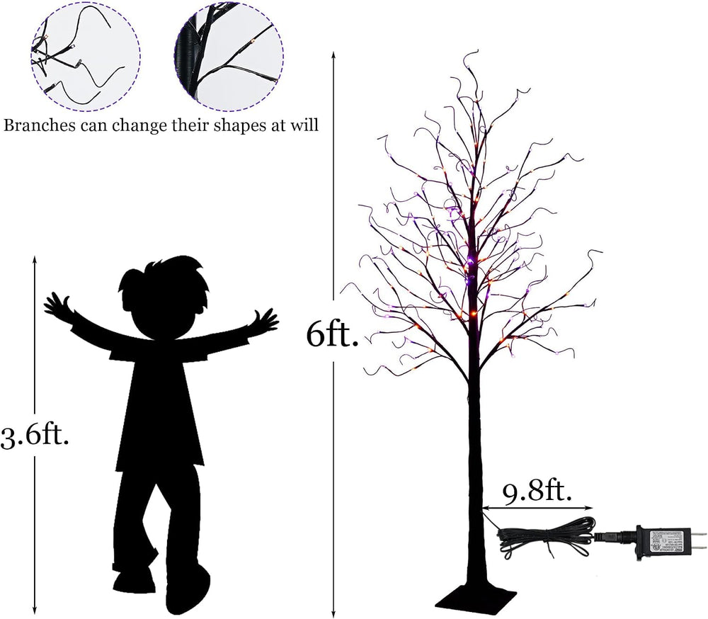 TW SHINE 6FT Halloween Lighted Black Birch Tree, 144 LED Purple and Orange Li...