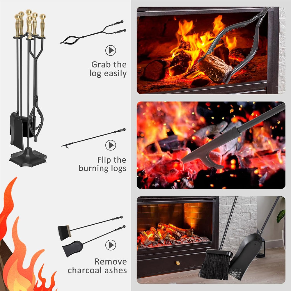 5 Pieces 31in Wrought Iron Fireplace Tools Set w/Serrated Tong