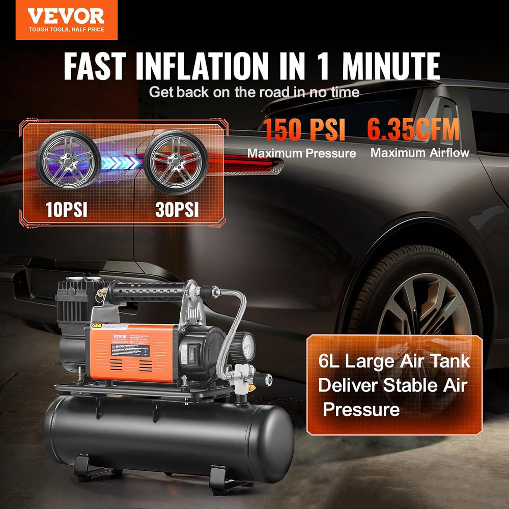 VEVOR 12V Heavy Duty Air Compressor with 6L Tank Kit, 6.35 CFM Portable Tire ...