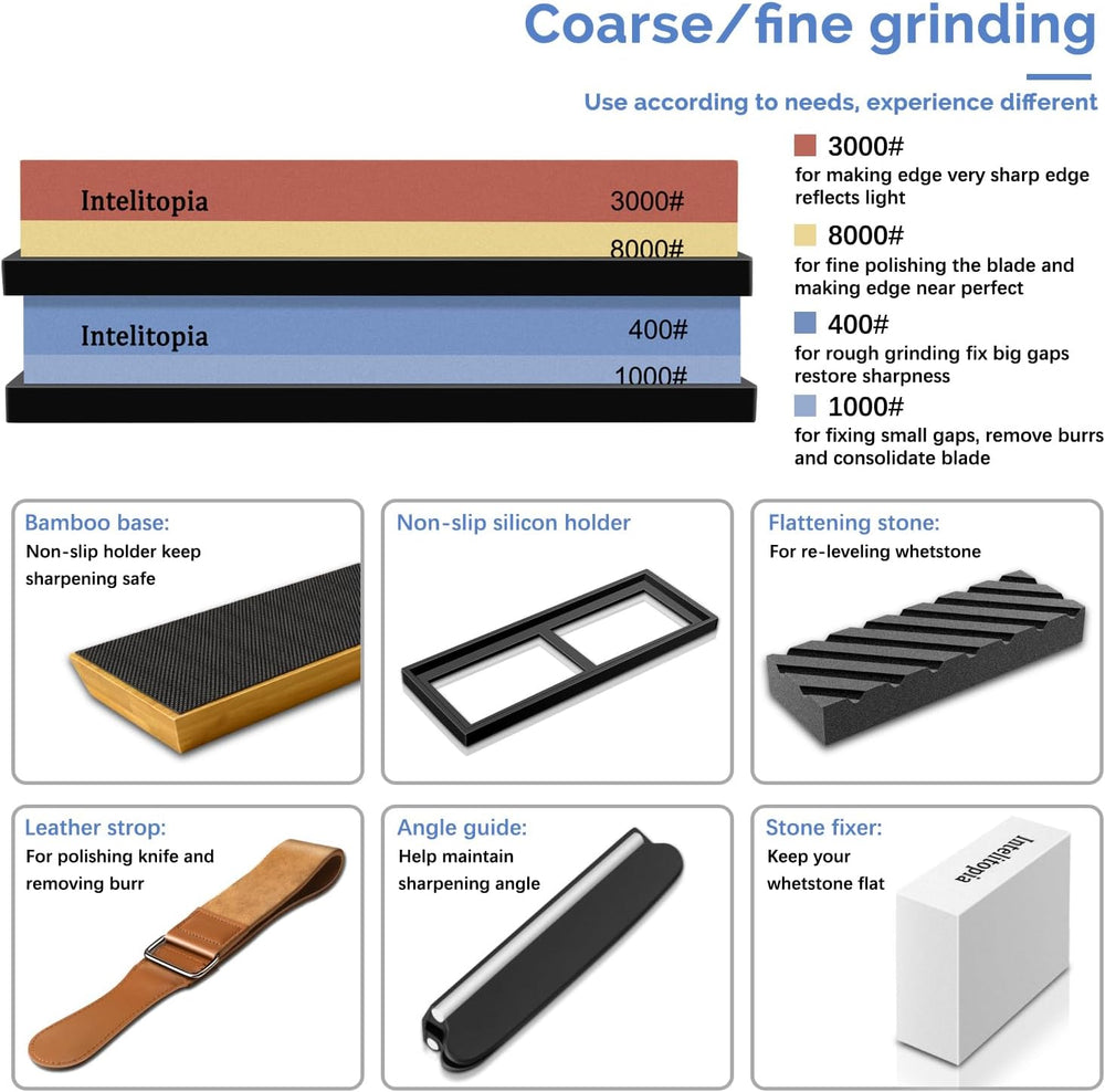 Intelitopia Complete Knife Sharpening Stone Set – Dual Grit Whetstone 400/100...
